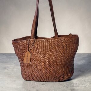 Bottega Style Woven Genuine Leather Tote Bag Brown Leather Shoulder Tote